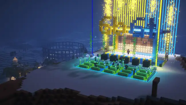 A community build lit at night